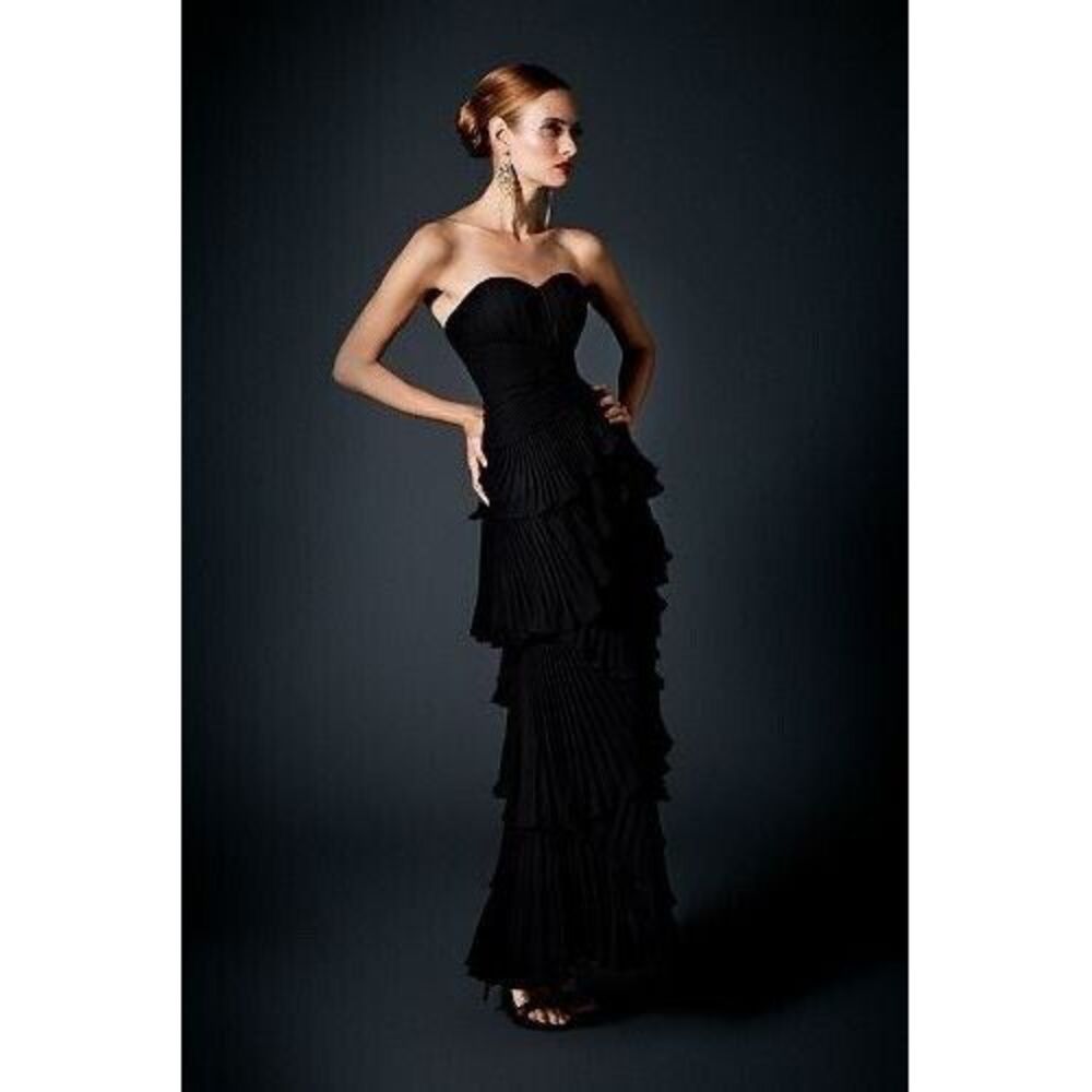 NWT Dalia MacPhee Dress 6 Black Formal Ruffle Strapless Tiered gown Nordstrom